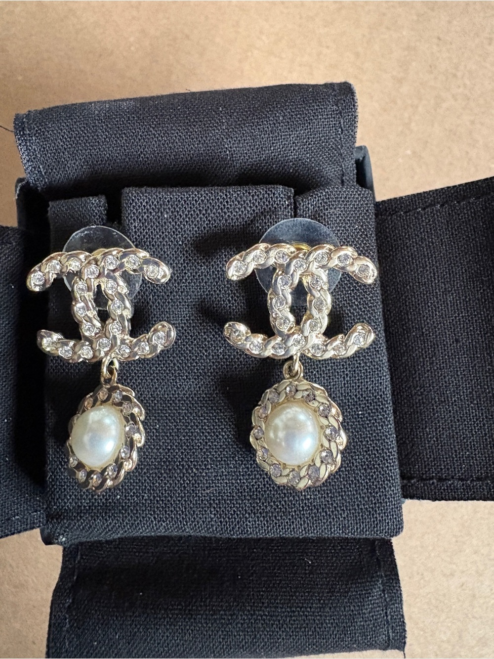 CHANEL Silver-Tone Crystal CC Drop Earrings with Pearl Cabochons